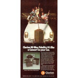 1978 Clarion Car Audio Stereo Vintage Print Ad Rolls Royce Rock Band Wall Art